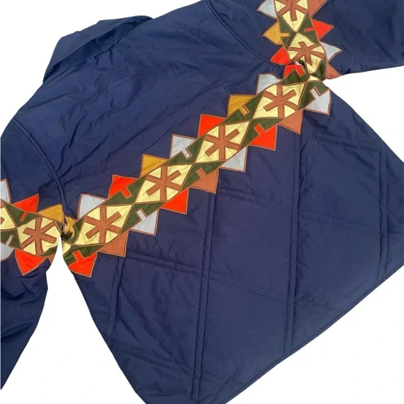 THE GREAT. Outdoors The Cropped Wanderer Blue Multicolor Patterned Puffer Jacket - Picture 4 of 9